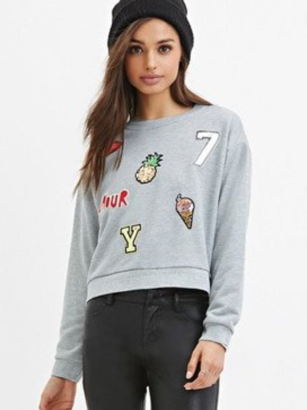 FOREVER 21 Heather Grey Sequined Patch Sweatshirt Crewneck Medium M